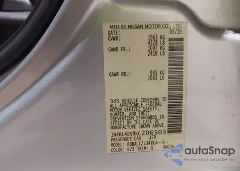2019 Nissan Altima 2.5 Sl z USA, uszkodzony, nr VIN 1N4BL4EV9KC206503